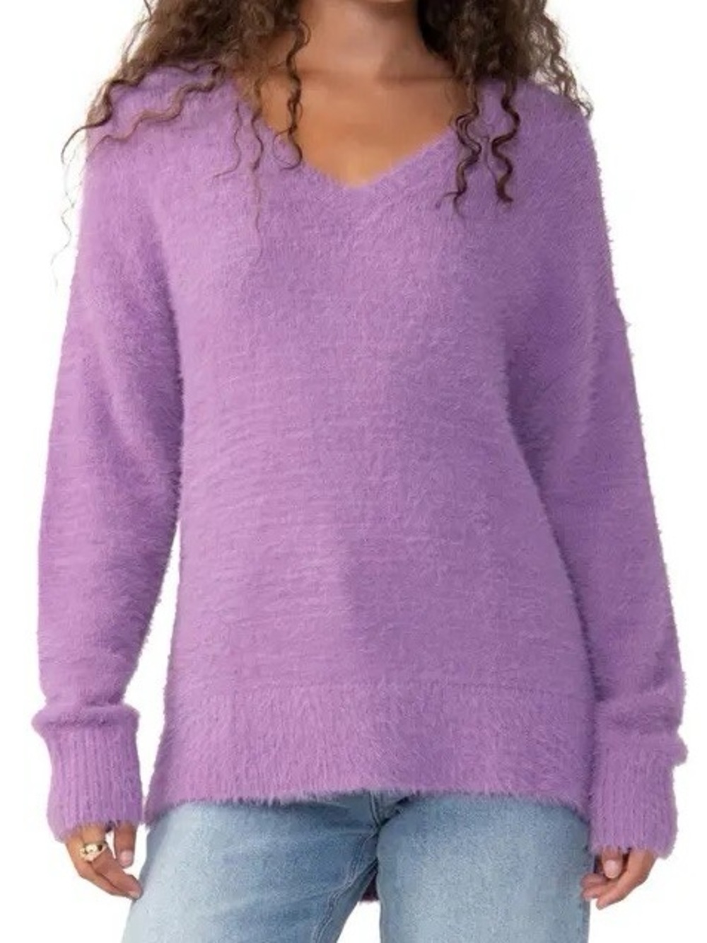 Soft V-Neck Fuzzy Knit Sweater - Lavender